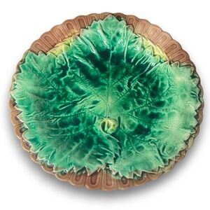 Antique Majolica Begonia Leaf Plate 8" Green Brown Glaze 19th Century c. 1880s